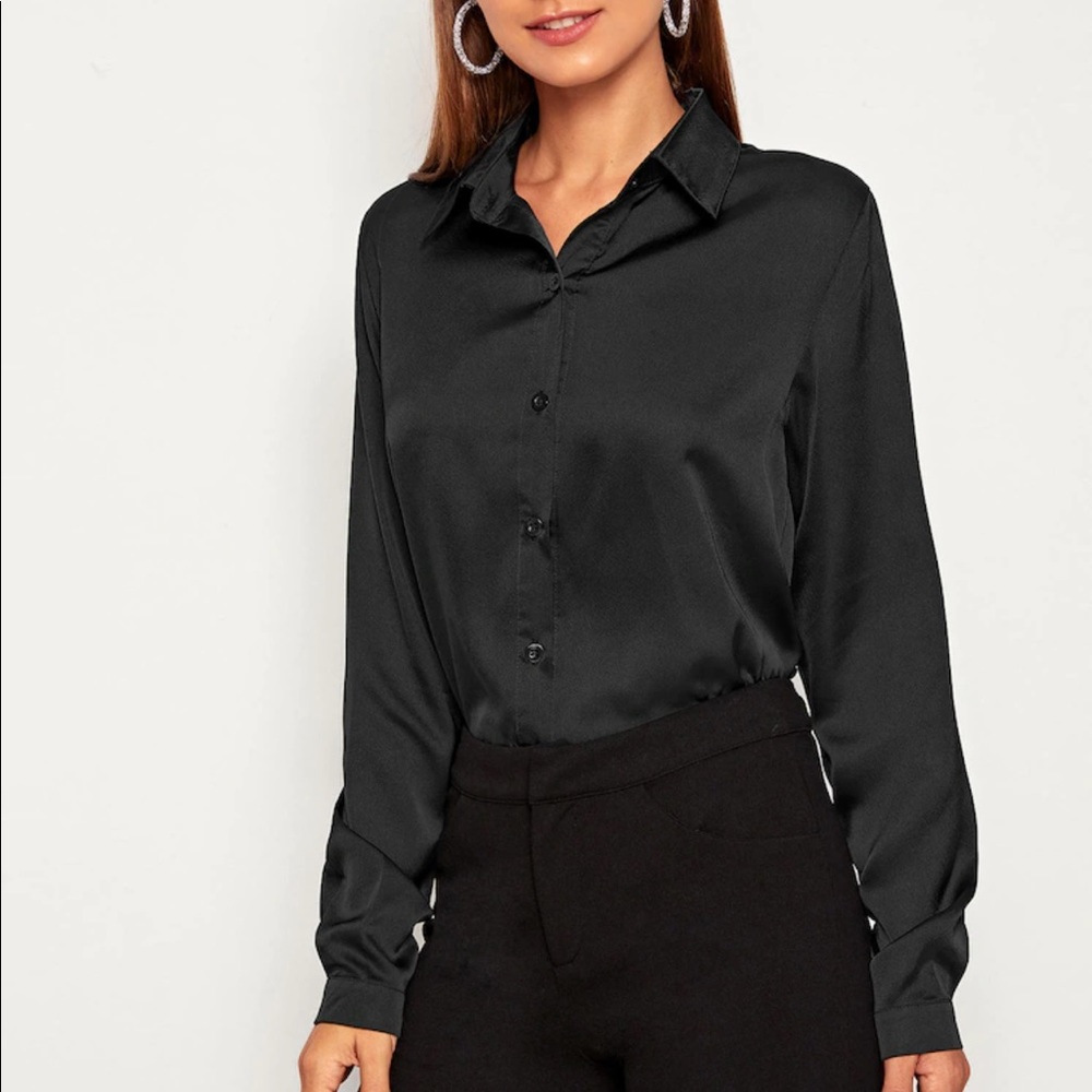 Satin button up blouse collared black work office - Picture 2 of 4